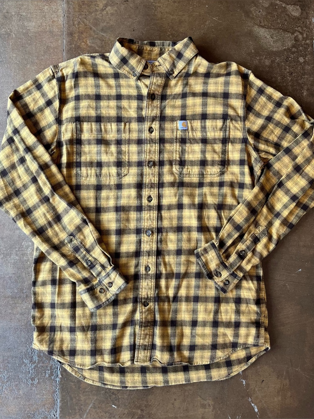 Carhartt Relaxed Fit Yellow Brown Plaid Button Down Flannel Cotton Shirt Large T